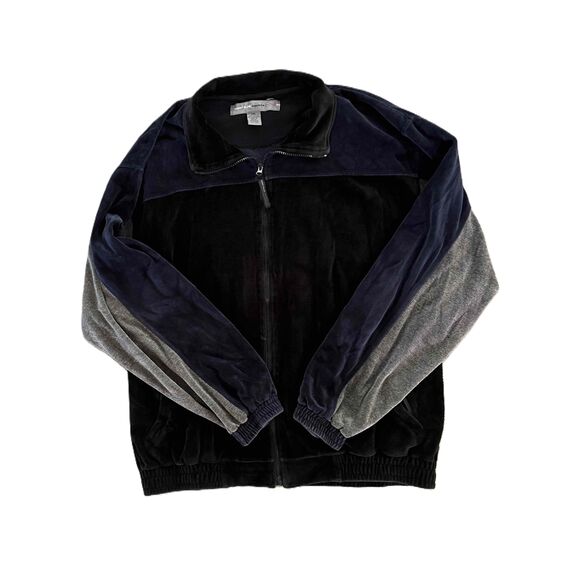 Vintage Perry Ellis America Active Men's XXL Black Blue Gray Velour Zip Jacket - Picture 2 of 9